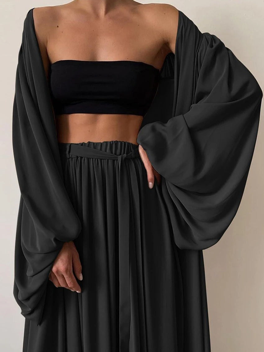 Elara Drift Set - Strapless Sleepwear with Cardigan & Pants